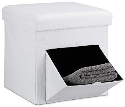 Relaxdays Faltbarer Sitzhocker, Leinen, Sitzwürfel, Aufbewahrungsbox mit Klappe, abnehmbarer Deckel, Sitzcube, stabil, Fußablage, HxBxT 38 x 38 x 38 cm, weiß