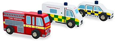 Indigo Jamm Emergency Vehicles, 3 Wooden Toy Emergency Service Car Set with Fire Engine, Ambulance and Police Car