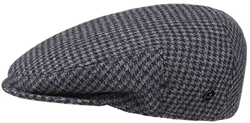 LIERYS Britain Hahnentritt Flatcap Herren Made in Italy Schiebermütze aus Wolle Modern mit glattem Innenfutter Schirmmütze kariert Herbst Winter blau 56 cm
