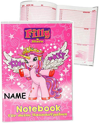 alles-meine.de GmbH Hausaufgabenheft - Filly - Einhorn Stars - Pferde - Cassiopeia - incl. Name - für Faule - ohne Vortragen der Stunden ! - Schule - incl. Schutzhülle & bunt..