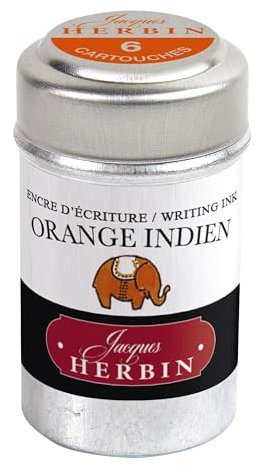 Jacques Herbin 20157T - A box of 6 ink cartridges for fountain pens and rollerball pens (product without packaging - zero waste objective), Indian Orange