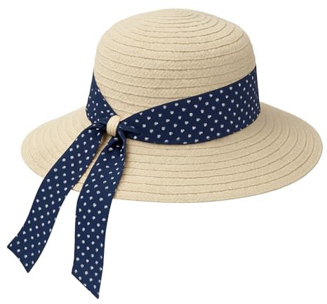 i-Smalls Women's Wide Brim Straw Sun Hat with Brown Polka Dot Ribbon Summer Beach Hat (Navy)
