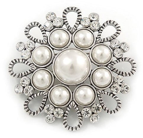 Vintage Inspired Bridal/Wedding/Prom Glass Pearl, Clear Crystal Flower Brooch In Silver Tone - 50mm D