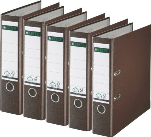 Leitz 1010 Aktenordner, Kunststoff, breit, mit patentierter 180-Grad-Präzisionsmechanik, 5er Sparpack, 8 cm, Braun