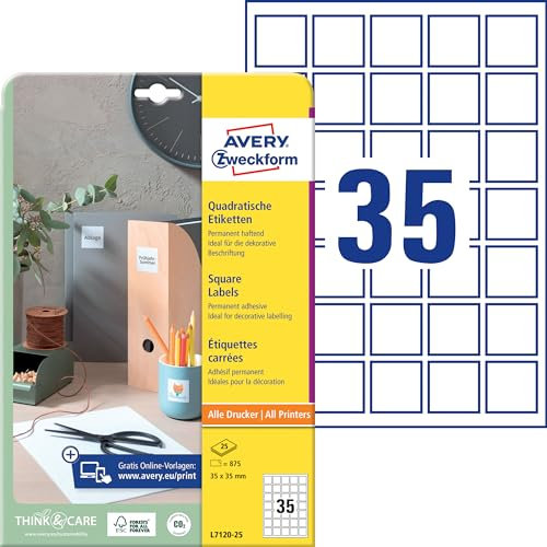 AVERY Zweckform L7120-25 Quadratische Etiketten (875 Klebeetiketten, 35x35mm auf A4, QR Code Aufkleber zum Bedrucken, selbstklebend, permanent haftende QR Code Etiketten) 25 Blatt, weiß