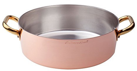 Pentole Agnelli ALCU10632 Faitout bas en cuivre avec 2 poignées en laiton, Cuivre lisse étamé à la main, 32 cm