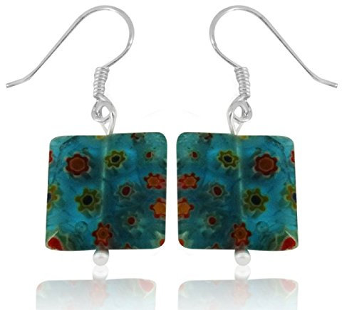 Chic-Net Muranoglas Glas Ohrringe 14 mm Quadrat türkis bunt Muster Blumen 925er Silber