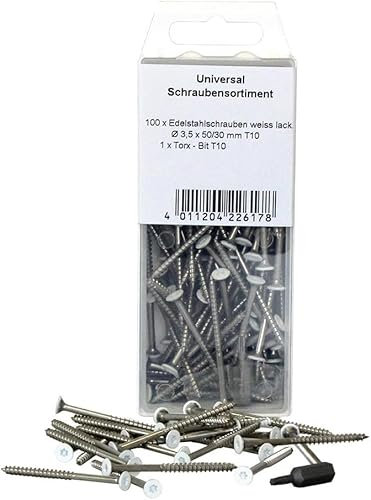 KGM Torx-Schrauben mit weißem Kopf – aus rostfreiem Edelstahl – Inhalt: 100x Torx-Schrauben / 1x Torx Bit