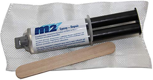 m2 Epoxy Repair schnellhärtend transparent Epoxydharz mit Härter & Glasfasermatte Holzspachtel - Set zur Reparatur von Surfbrett Board Longboard Wakeboard Shortboard Bodyboard Standup GFK Jolle