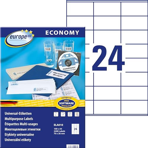 Europe100 Art. ELA010 Adressaufkleber (2.400 Klebeetiketten, 70x36mm auf A4, Papier matt, individuell bedruckbar, selbstklebende Adressetiketten, kompatibel zu AVERY 3475) 100 Blatt, weiß