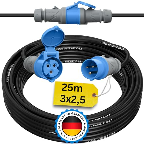 Camping Kabel 25 Meter CEE verlängerungskabel 25m außen H07RN-F 3x2,5 Strom Wohnwagen Kabel landstromanschluss wohnmobil Caravan Adapter verlängerung stromkabel verlaengerungskabel Outdoor