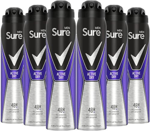 Sure Men Active Dry Anti-Transpirant Deo Aerosol 48h Schutz Anti-Transpirant Deospray für effektiven Schweiß- und Geruchsschutz 6 x 150 ml
