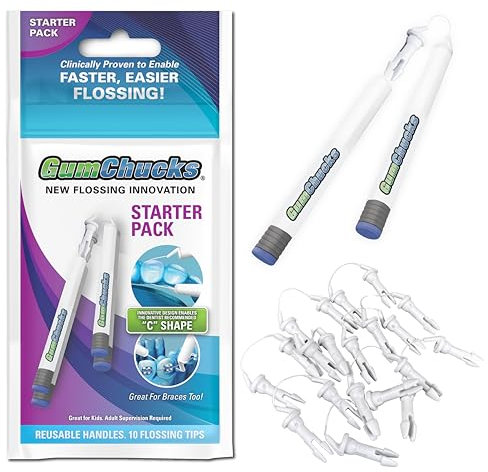 Gumchucks GumChucks Floss Starter Pack | Schnellere, einfachere Zahnseide-Nutzung! | Ideal für Zahnspangen | Zahnspangen in weniger als 2 Minuten mit Zahnseide reinigen | Wiederverwendbare Griffe + 10