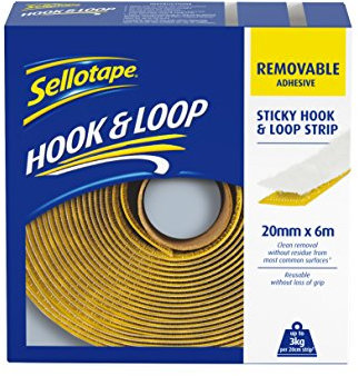 Sellotape Sticky Hook & Loop, Adhesive Strips for Temporary or Permanent Mounting of Photos & Exhibitions etc., Adhesive Tape with Clean Removal, Strong Sticky Tape, 20mmx6m (Package may vary)