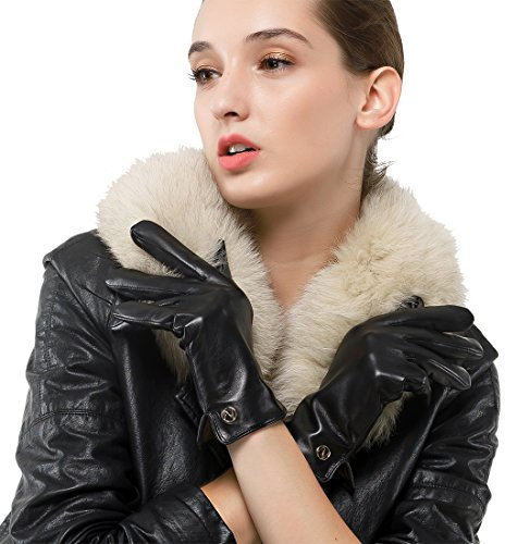 Nappaglo Damen Italienisches Lammfell Leder Handschuhe Touchscreen Winter Warm Langes Fleecefutter Handschuhe (XL (Umfang der Handfläche:20.3-21.6cm), Schwarz(Touchscreen))