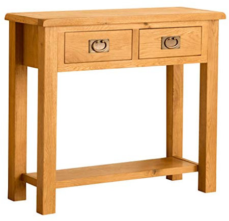 RoselandFurniture Lanner Oak Console Table with Storage | Large Traditional Rustic Waxed Solid Wood 2 Drawers Telephone Table for Hallway or Living Room