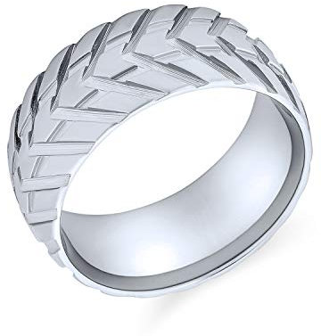 Bling Jewelry Herren Mechaniker Auto Rennfahrer Reifenprofil Band Ring für Männer für Biker Matt gebürsteter Silberton Edelstahl 8MM