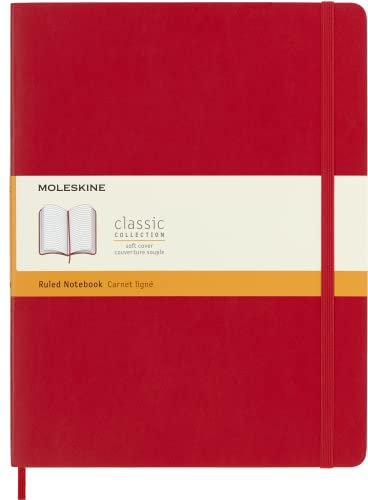 Moleskine Klassisches Notizbuch, Liniertes Notizbuch, Weicher Einband und Elastischer Verschluss, Größe XL 19 x 25 cm, Farbe Scharlachrot, 192 Seiten