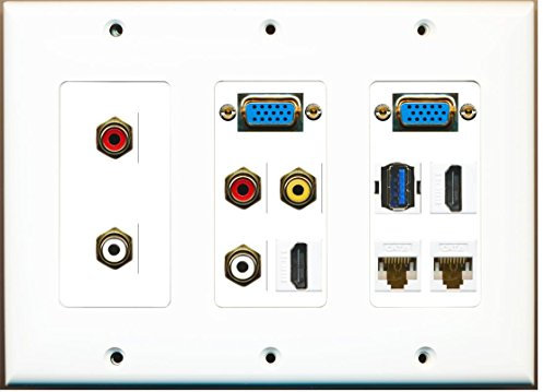 RiteAV – (3 bandas) 2 svga-hdmi-cat6 + 2 RCA rojo y blanco RCA amarillo USB 3 placa de pared blanco