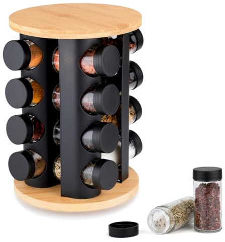 EliteHoff Gewürzkarussell Drehbar – Gewürzregal Schwarz mit Bambus (16 Gewürzdosen)