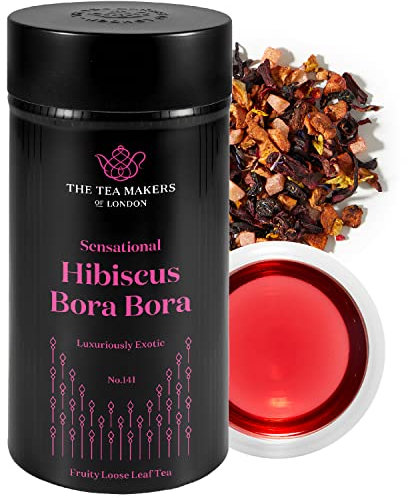 Hibiscus Tea Loose Leaf Bora Bora - Natural Blend of Hibiscus Blossoms Flowers, & Fruit Chunks by The Tea Makers of London - 125g caddy