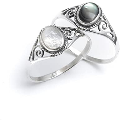 Silverly Ovaler Filigranring aus Sterlingsilber mit Seilrahmen aus Perlmutt für Damen | Cabochon-Ring aus 925er Silber im Vintage-Stil mit Rankenmuster | Verzierte Edelsteinringe | Boho Schmuck