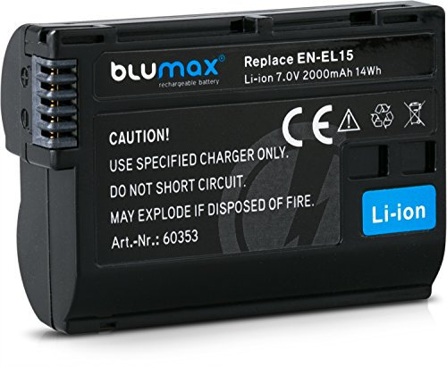 Blumax Battery Pack - Battery Charger - Power Adapter for Fast and Safe Charging - Rechargeable Battery - 1x Battery for Nikon EN-EL15 2000mAh