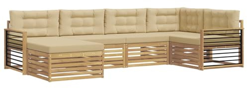 vidaXL Outdoor-Sofagarnitur mit Kissen 6 pcs Weiß und Beige Polyester, Gartenmöbel, modernes Outdoor-Sofa, langlebiges Ecksofa, Terrassenlounge für entspanntes Sitzen