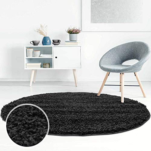 ayshaggy Shaggy Teppich Hochflor Langflor Einfarbig Uni Schwarz Weich Flauschig Wohnzimmer, Größe: 200 x 200 cm Rund