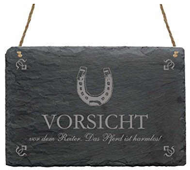 Schiefertafel Vorsicht vor dem Reiter - Pferd harmlos - Schild Hufeisen Motiv