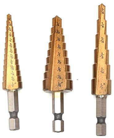 1/4 Hex Shank Titanium Coated HSS 4241 Uni Bit Multi-Size Step Drill Bit Set for Woodworking Quick and Easy Hole Drilling, 3 Pics, 3/16 -1/2,1/4-3/4,1/8-1/2