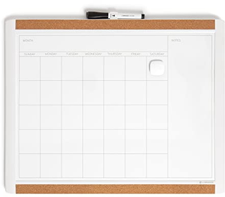 U Brands Whiteboard Planner, Magnetic Dry Wipe Calendar Board 51x41 cm with White Pin-It Frame, Includes Marker, Marker Clip and Magnet, Wall Mount White Board for Home, School, Office