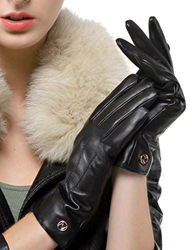 Nappaglo Damen klassische Lederhandschuhe Touchscreen Italienisches Lammfell Winter Warm Reines Kaschmir-Futter Handschuhe (XL (Umfang der Handfläche:20.3-21.6cm), Schwarz(Touchscreen))