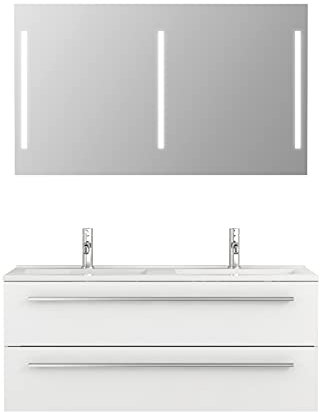 Sieper I Doppelwaschtisch mit Unterschrank 120 x 50 cm und Spiegel mit Beleuchtung, Badmöbel Set Libato I Weiß