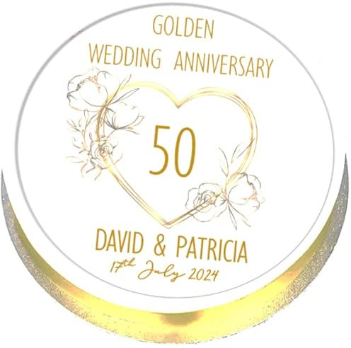 Golden Wedding Cake Topper - Personalised - Edible Icing - 7.5 / 19cm Round - 50th Anniversary