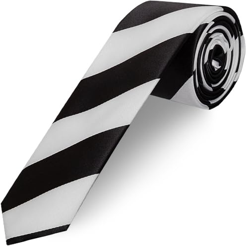 TIES R US Black and White Striped Hand Made Skinny Men's Football Tie | Black and White Striped Necktie for men; Skinny width 2/5.5cm, handmade, in polyester.