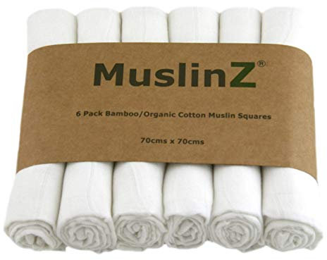 MuslinZ Muslin Cloths for Baby, 6 Pack of Bamboo & Organic Cotton Muslins Squares 70x70cm, Large Burp Cloth for Babies, Newborn Essentials for Baby (White)