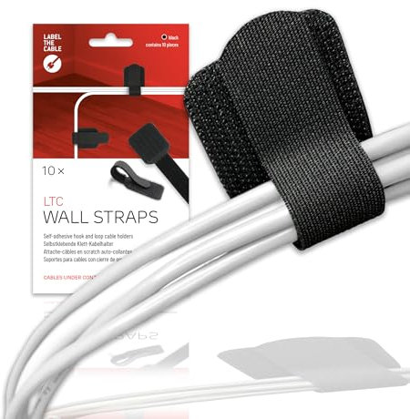 LABEL THE CABLE Support de Câble Mural pour Murs et Bureaux - Attache-Câbles Adhésifs en Scratch pour Une Organisation Parfaite des Câbles - LTC Wall Straps - Lot de 10 - Noir - LTC 3110