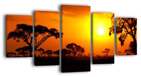 Leinwandbild Steppe im Sonnenuntergang LW303 Wandbild, Bild auf Leinwand, 5 Teile, 210 x 100 cm, Kunstdruck Canvas, XXL Bilder, Keilrahmenbild, fertig aufgespannt, Bild, Holzrahmen, Afrika, Savanne, Sonnenuntergang