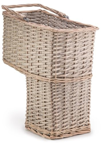 Woodluv L-Shape Large Wicker Step Basket With Insert Handle, Step Tidy Storage Basket, Bin for Laundry, Toys, Household Items, Staircase Storage Basket Organiser, Grey, 38 x 21 x 40 cm