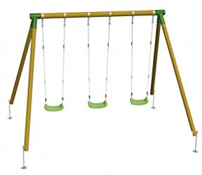 MASGAMES | Columpio de Madera Triple ETNA | con Asientos Planos de plástico y Cuerdas Regulables | Madera tratada | Anclajes incluidos | Uso doméstico |