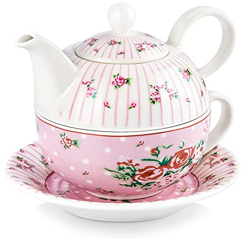 MALACASA Tea for One Set, Teekanne 325 ml und Tasse 238 ml und 15,2 cm Untertassen, Porzellan Teekanne und Tasse Set, Teekanne mit Deckel, Pink - Serie Sweet Time