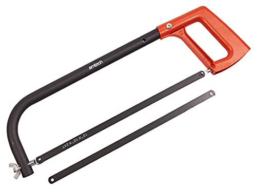 Amtech – Adjustable Hacksaw, Lightweight Aluminium Handle, Steel Frame Fits 250mm/300mm Blades, 24 TPI Carbon Steel Blade + Spare, Precise Metal & Plastic Cutting, 12