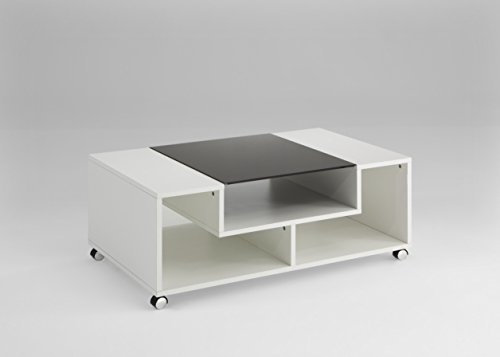 Apollo 020603 Couchtisch Nils, Dekor Weiss mit Glaseinlage, Doppelrollenfüße, 100 x 60 x 42 cm