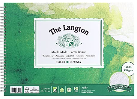 Daler-Rowney The Langton CP Watercolour 300gsm 14 x 10in Paper 12 Sheets | Cold-Pressed Watercolour Paper, Spiral Pad, Natural White Sheets, For Professional Artists