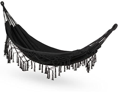 Outtec Hängematte 200x150cm, bis 200 kg, Outdoor Doppelhängematte für 1-2 Personen, aus Baumwolle im Boho-Stil für Garten, Balkon, Terrasse, Atmungsaktiv Hängematte für Kinder und Erwachsene Schwarz