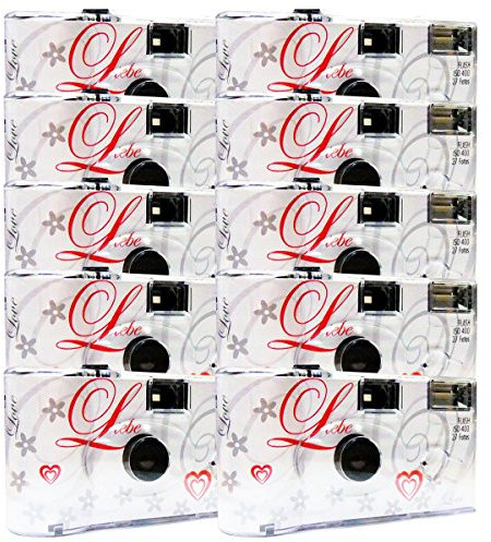 TopShot - Confezione 10 fotocamere usa e getta per nozze Love con flash, 27 foto, colore: Bianco