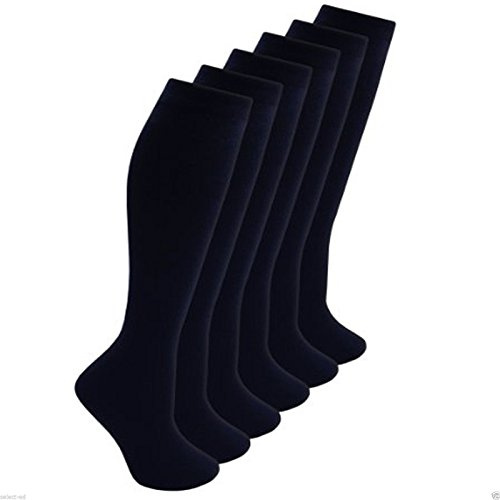Woman Adults Ladies Value Pack 6 (SIX) Pairs Of Plain Grey Navy Blue Black White Knee High Socks. (UK 6-9 (adults), Black)