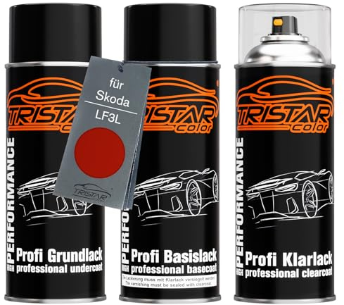 TRISTARcolor Autolack Spraydosen für Skoda LF3L Rio Rot Metallic + Klarlack | Cervena Rio Metallic, Set aus Grundlack + Basislack + Klarlack, Sprühdosen 400ml