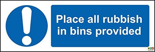 Place All Rubbish in Bins provided Safety Sign - Self Adhesive Sticker 150mm x 50mm